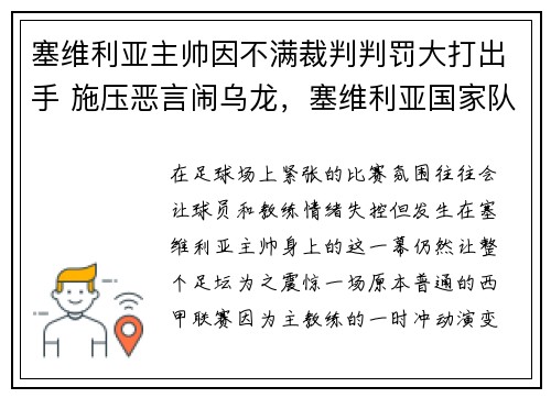 塞维利亚主帅因不满裁判判罚大打出手 施压恶言闹乌龙，塞维利亚国家队最新名单