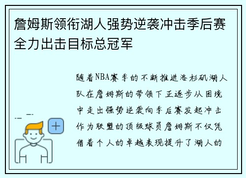 詹姆斯领衔湖人强势逆袭冲击季后赛全力出击目标总冠军